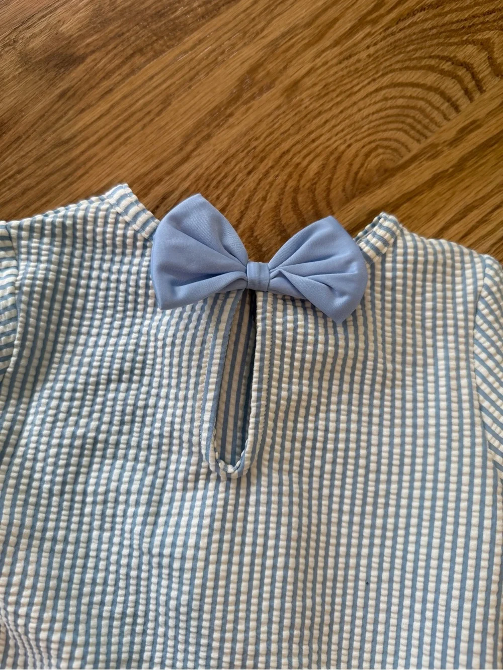 H&M cute  Long Sleeve Ribbed One-Piece Swimsuit in Light Blue and White 18M / 2T